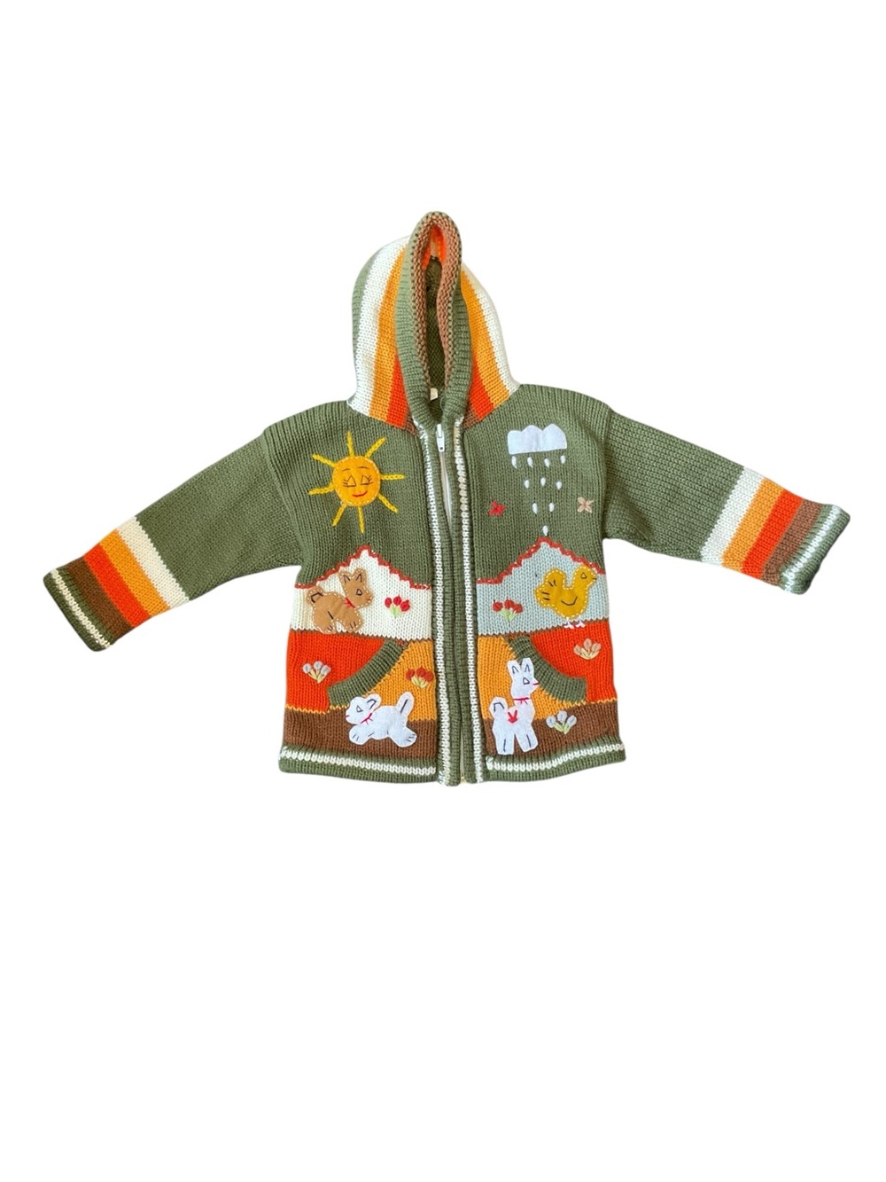 Kids NWOT Hooded Knit Jacket with Sunshine & Animal Appliqués - Olive & Orange